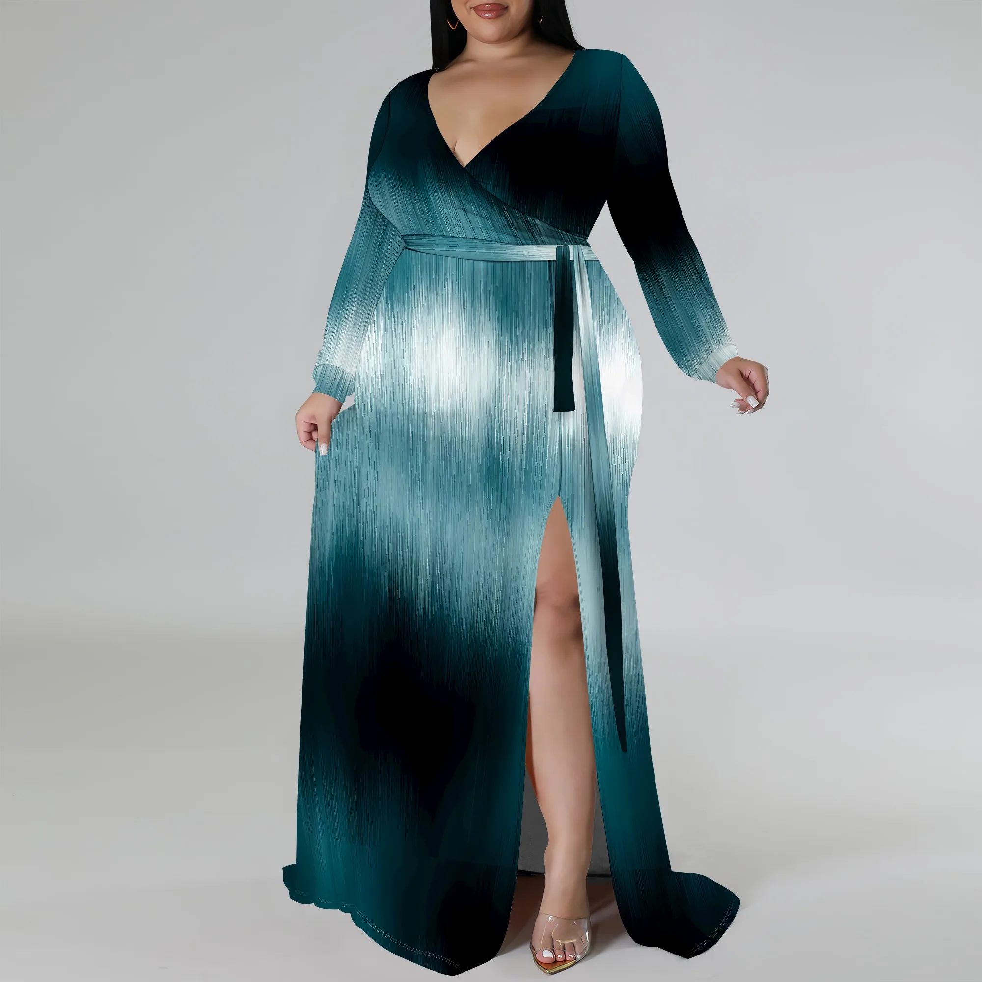 

EQQZD Plus Size Tie-Dye Print Dress for Women, Stylish Long Sleeve V Neck One-side Slit Maxi Dress