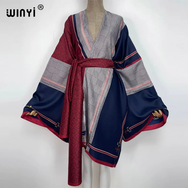 2022 WINYI new beach Bikini Sweet Lady Boho Print Self Belted Front Open Long Kimono Dress Beach Tunic Women Wrap Dresses kaftan