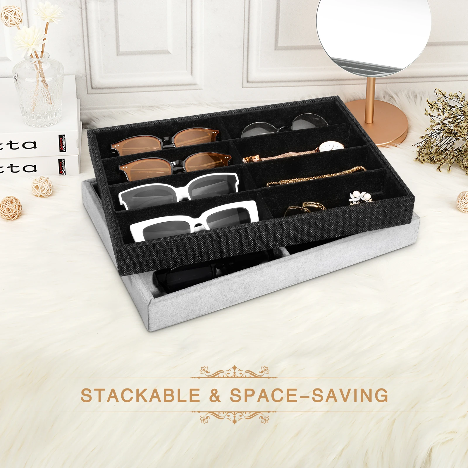 منظم النظارات Emibele مع تقسيم داخلي قابل للفصل ، صينية مخملية لتخزين المجوهرات ، عرض قابل للتكديس ، 8 شبكات ، ساعة
