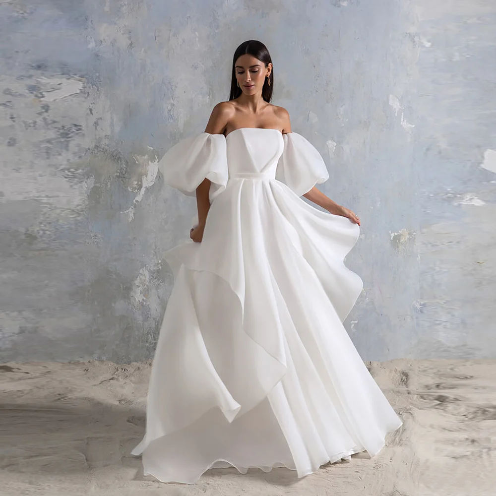 

Boat Collar Organza Ruffles A-line Wedding Party Dress Backless and Lace up Bridal Gown with Detachable Puff Sleeve Vestidos De