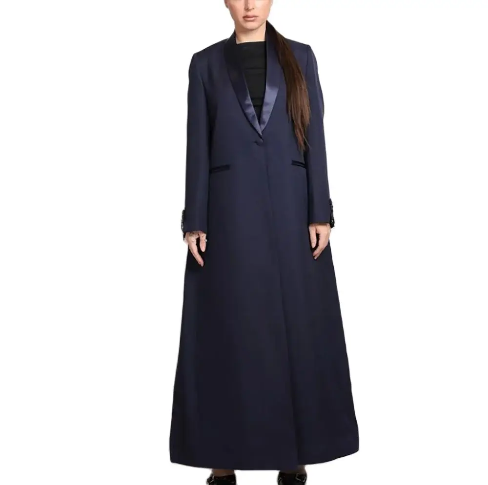 Giacca lunga da donna blu Navy cappotto con risvolto con fibbia singola quotidiana femminile abito formale da donna in Arabia saudita