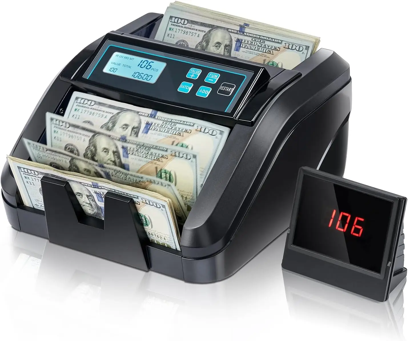 

Money Counter Machine Count Value, Add+Batch Mode Bill Counter, UV/MG/IR/MT Detection, 1100 Bills/min, LCD Display