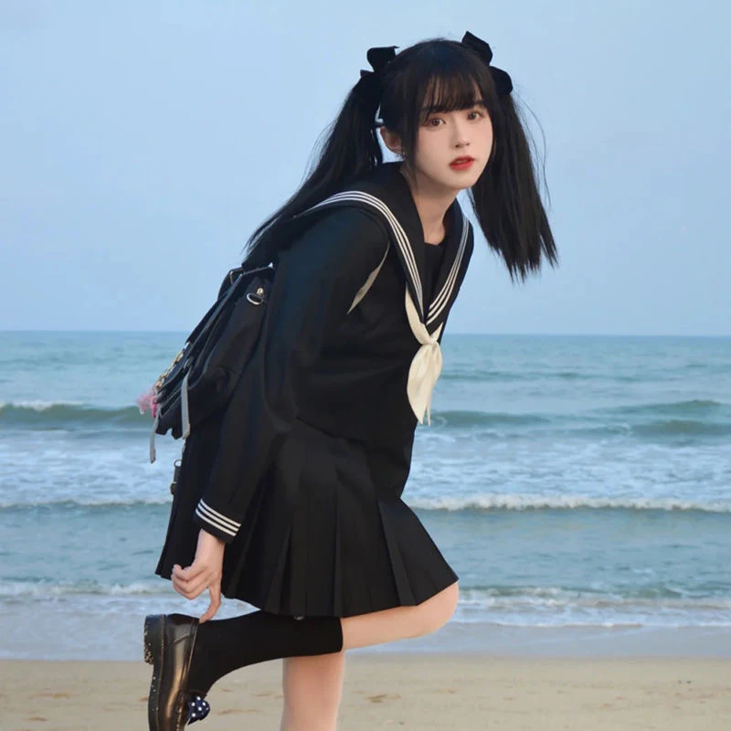 Women Sexy Black JK Suit Japanese School Uniforms Style S-3xl Student Girls Navy Costume  Sailor Blouse Pleated Skirt Set