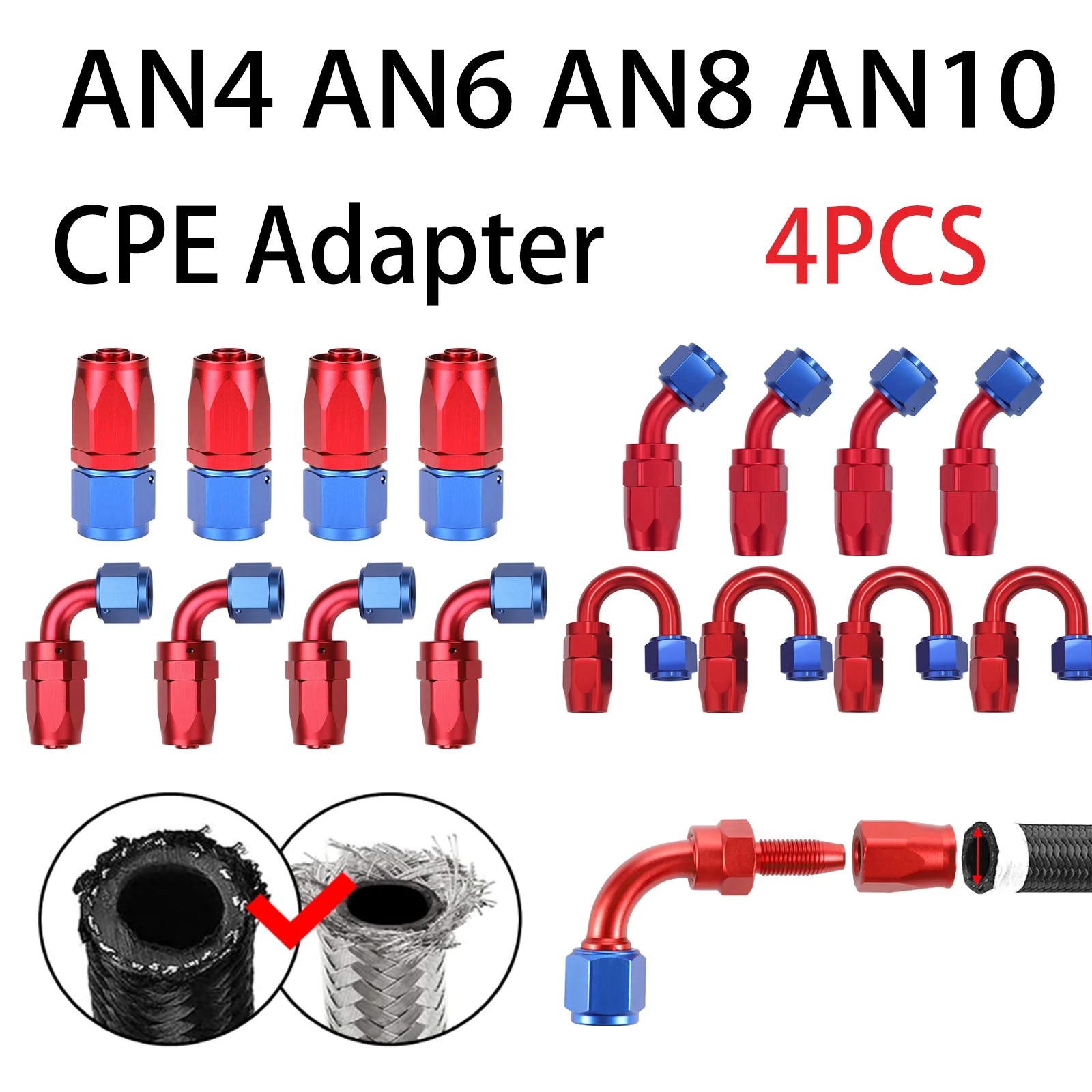 

Rubber Swivel Hose End Fittings AN4 AN6 AN8 AN10 Universal Aluminum Straight 0 45 90 180 Degree Oil Hose End Adaptors Kit