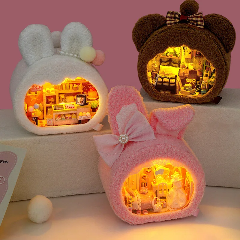 Diy Wooden Bear Rabbit  Dollhouse With Furniture Light Doll House Casa Miniature Items maison For Children Toys Birthday Gifts