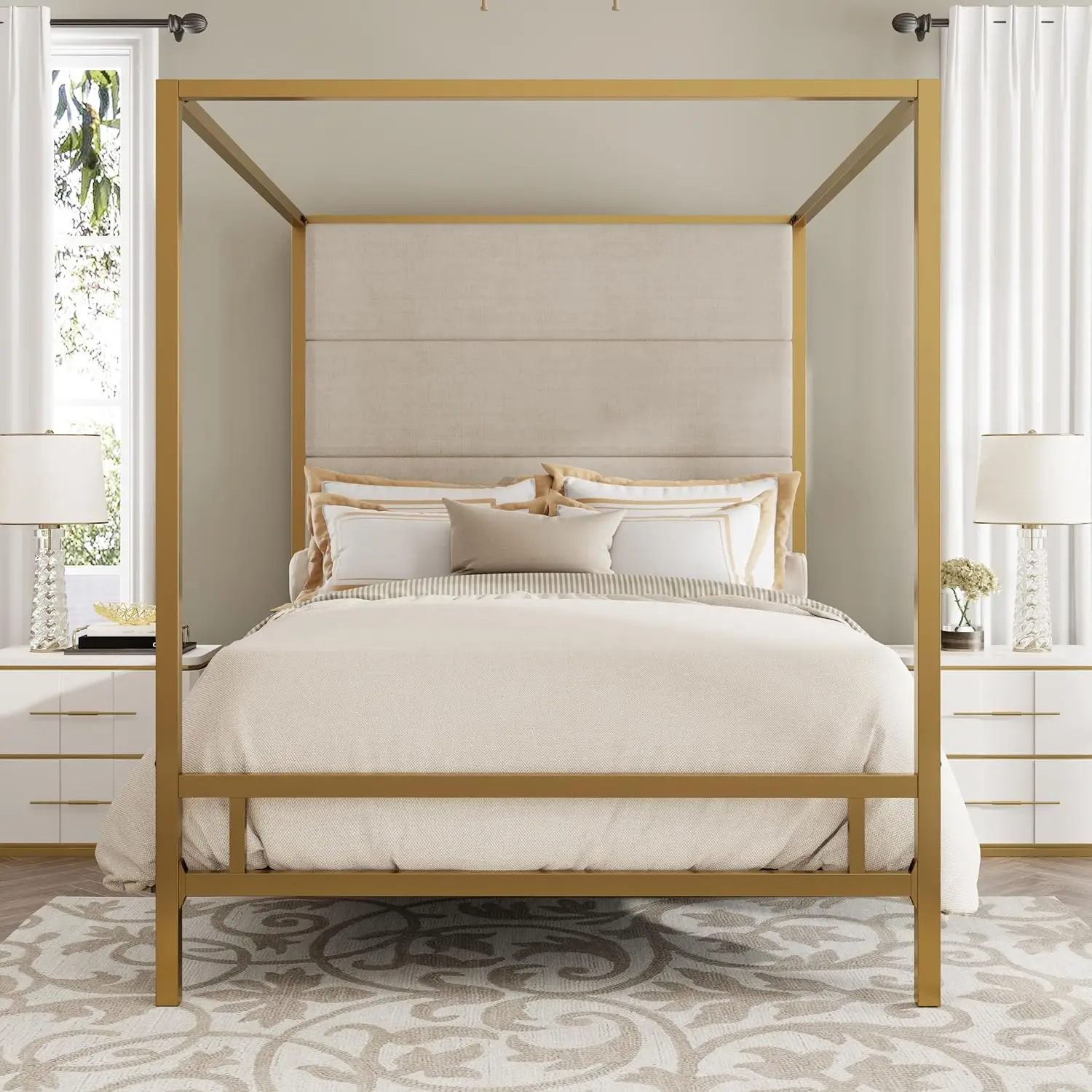 Canopy Bed Frame Modern Canopy Bed with Tall Velvet Fabric Upholstered Headboard Metal 4-Poster Bed Frame Box Spring Needed Gold