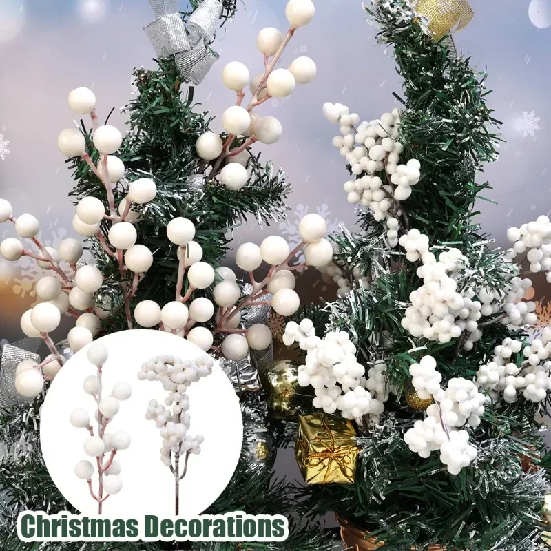 4-20PCS Artificial Holly Berry Stem Christmas White Berries Branches DIY Xmas Tree Ornament Wedding Home Party Fake Flower Decor