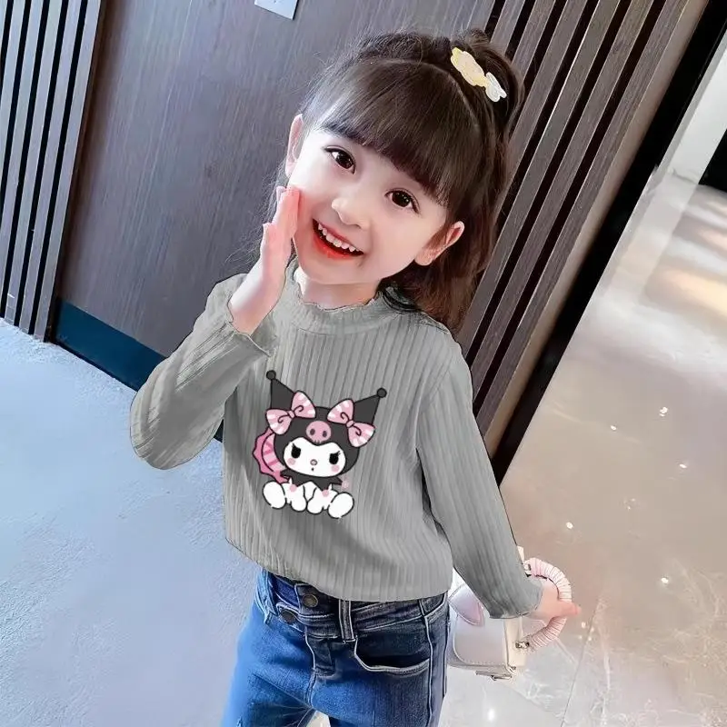 Kawaii الكرتون فتاة Kuromi بأكمام طويلة تي شيرت أنيمي سانريو جديد الربيع والخريف نصف سلحفاة الرقبة تنوعا قاعدة قميص عادية