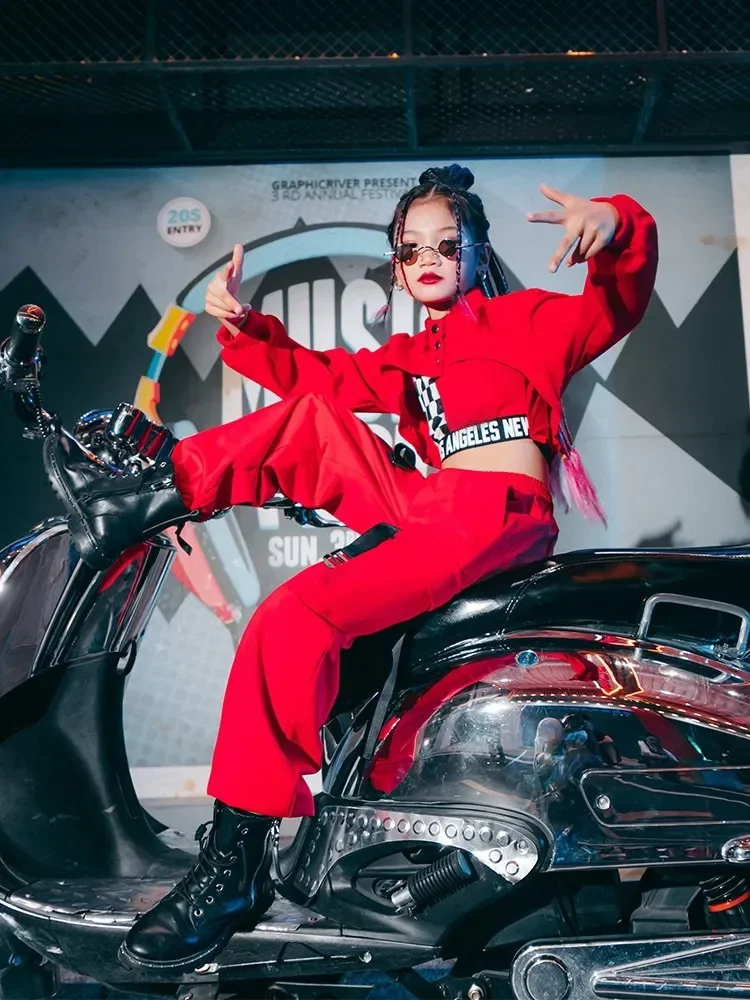 Ropa de baile de Jazz de Hip-hop para niños, traje de pantalón de espectáculo, trajes de escenario k-pop, ropa de baile urbano para niñas, trajes rojos, negros y blancos de 3 uds.