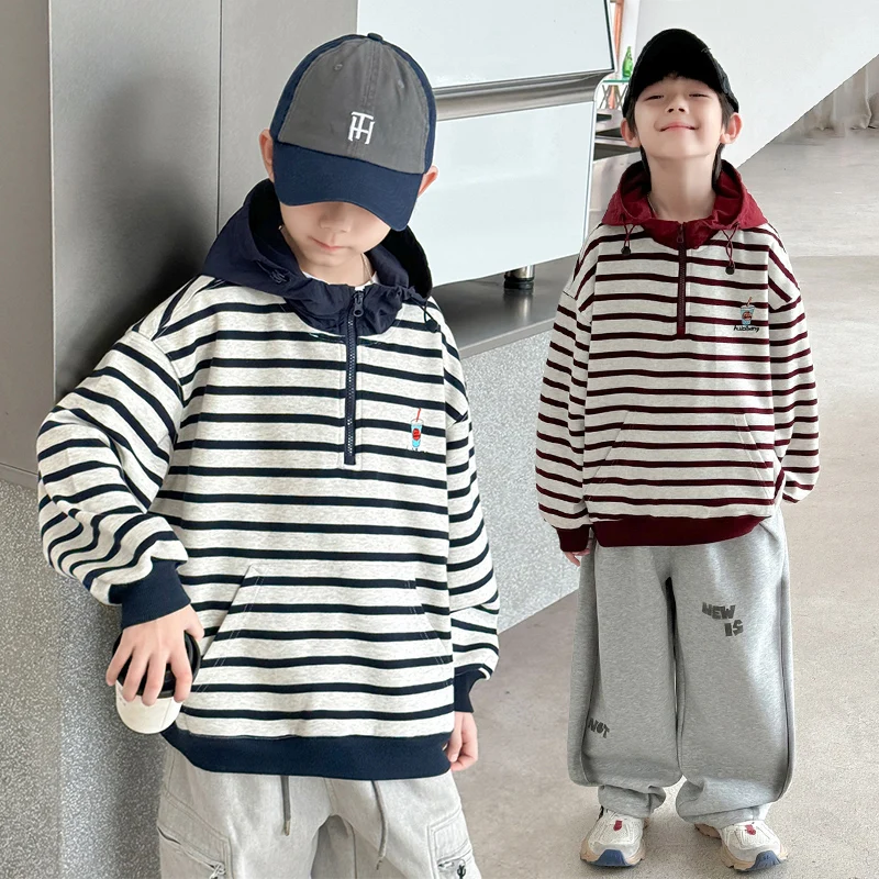 Fashion Children Tops Striped Zip Up Hoodie for Tween Boys Loose Casual Cotton Hooded Sweatshirt Kids New Autumn Clothing 4-14 Y