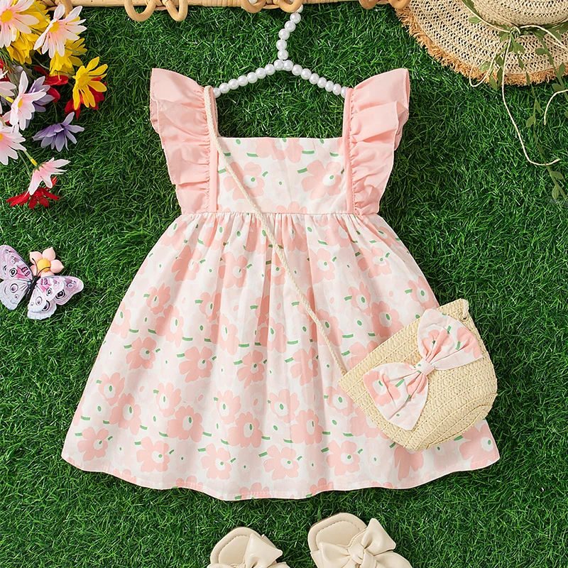 Summer New Small Floral Baby Girl Dress, Rural Style Children\'S Sleeveless Clothes With Free Bag (9 Months -3 Years Old)