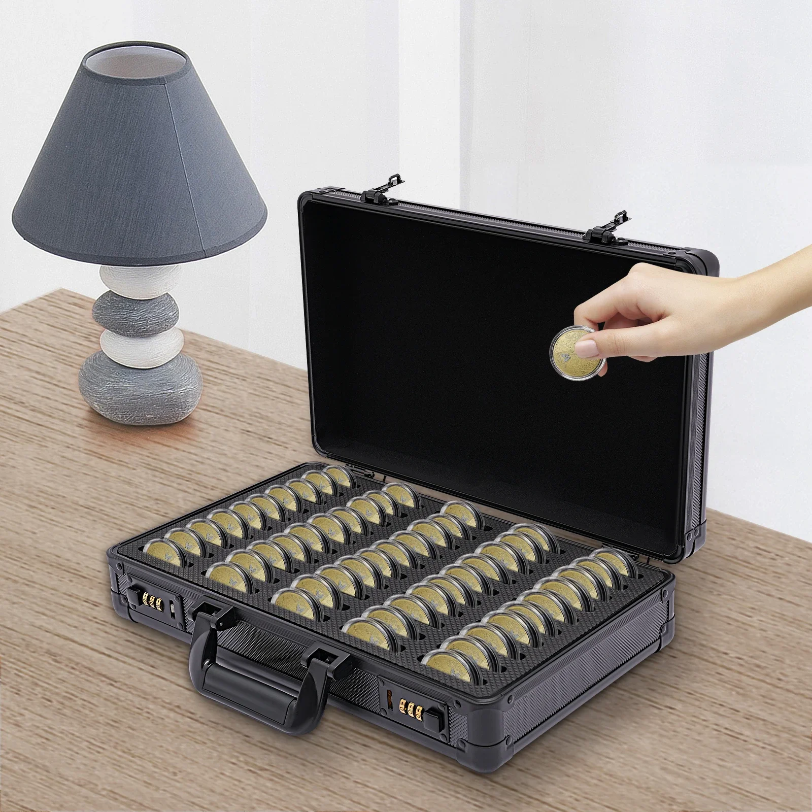 

Ящик для хранения монет с ручкой, вместимость плиты 50, алюминиевый корпус, безопасный органайзер для коллекций монет, держатель для монет