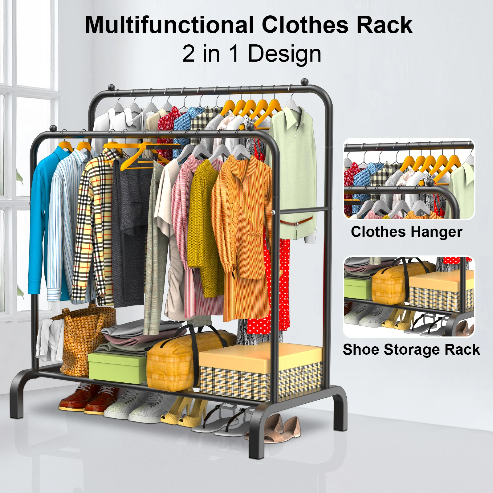 LOEFME Heavy Duty Double Rail Clothes Garment Hanging Rack Shelf Clothes Display Stand 150 cm Multi-functional, Large Space