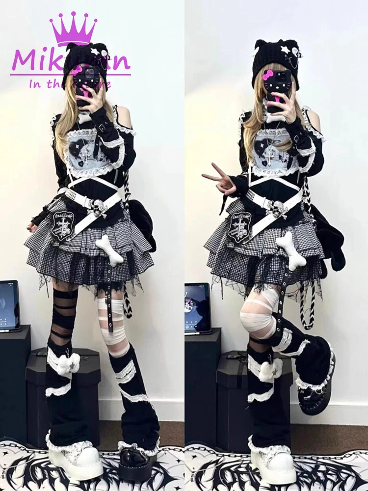 Mikumn Harajuku Girls Kawaii Punk Mini Skirts Y2k Gothic Lolita Black White Plaid Lace Cake Skirts Women A-line Rock Short Skirt