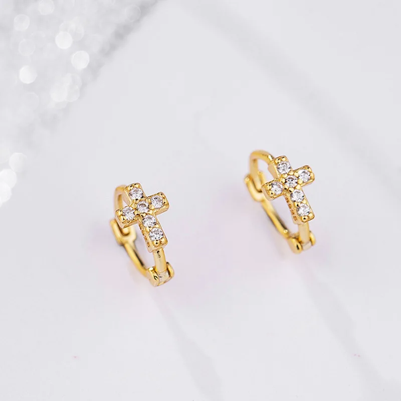 الكورية بسيطة 925 فضة الزركون الصليب هوب أقراط للنساء S925 حفل زفاف مجوهرات هدية Aretes De Mujer #3