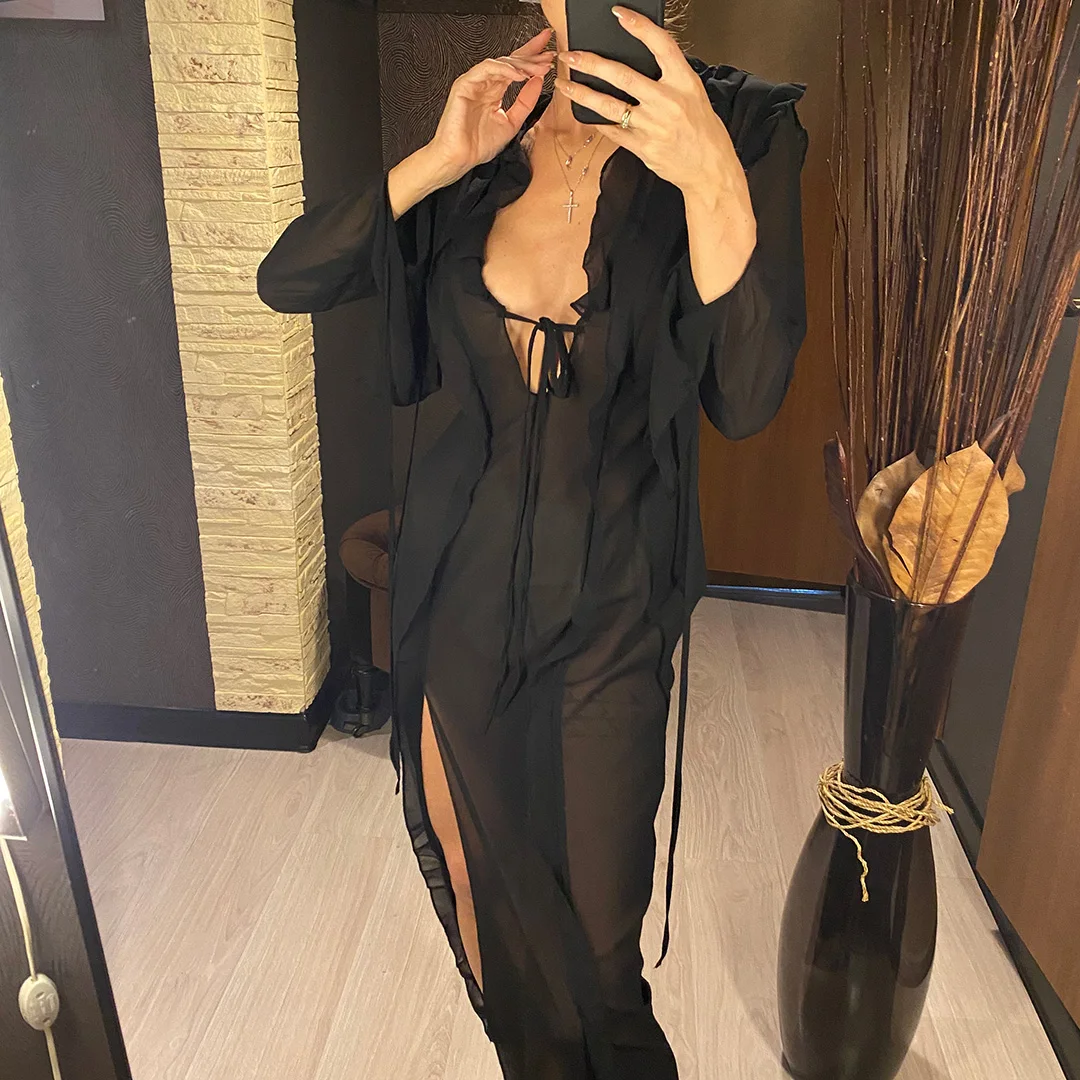 Langes Kleid mit tiefem V-Ausschnitt und hohem Schlitz, Rüschen, Strand-Cover-Up, Bikini-Cover-Up, Strandkleid, Strandmode, Damen V4440 – Detail 8