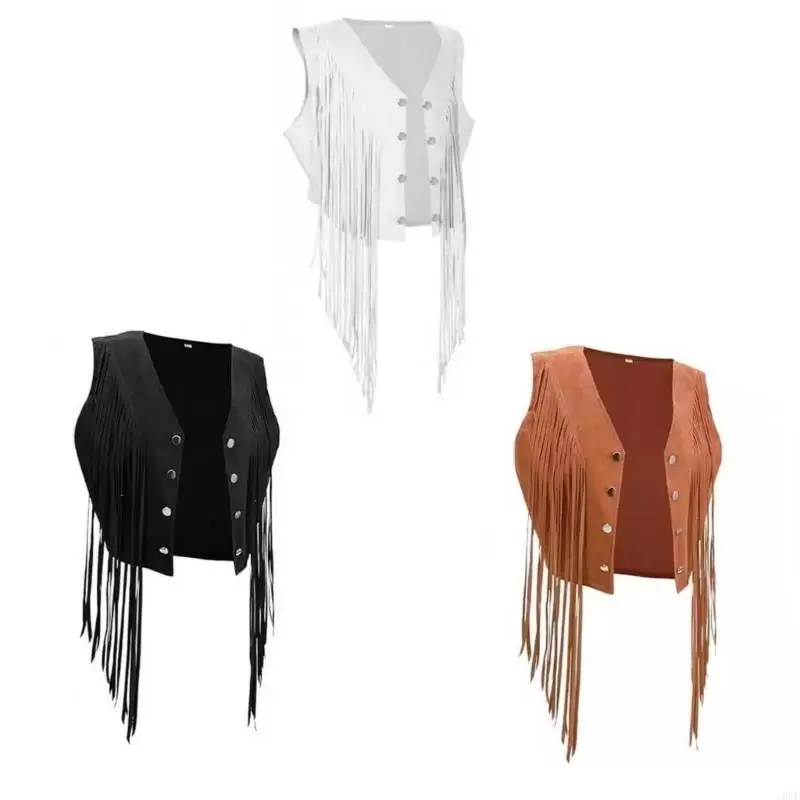 Women's Sleeveless V Neck Fringe Vest 70s Hippie Cowgirl Cropped Cardigan