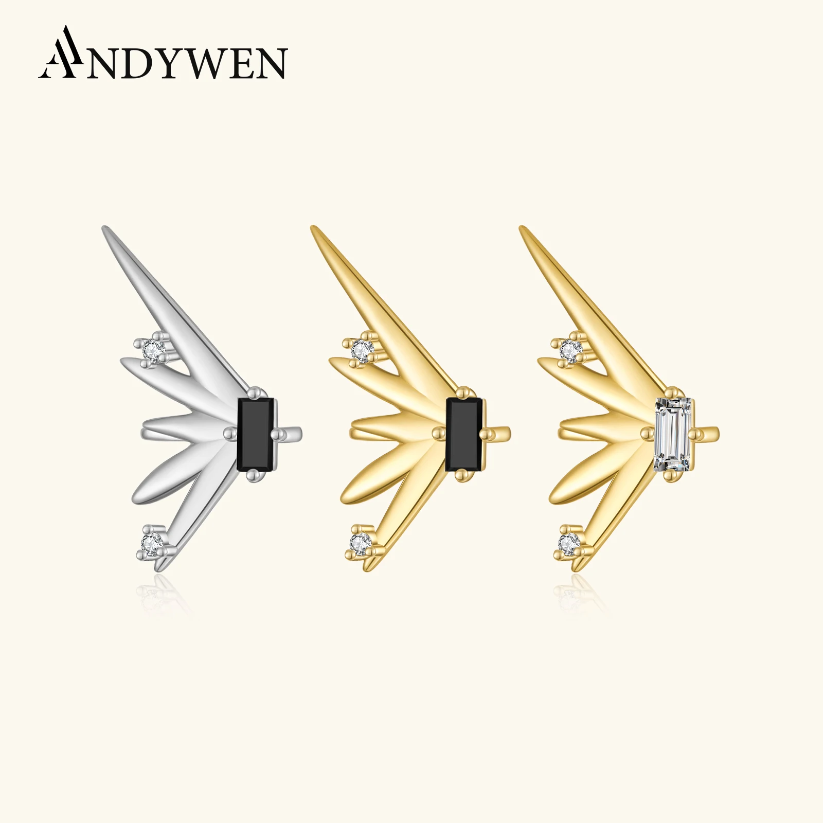 

ANDYWEN 925 Sterling Silver Geometric Black Zircon Wing Ear Cuff Piercing No Clips 1PCS 2025 Luxury Women Sparkle Jewelry Gift