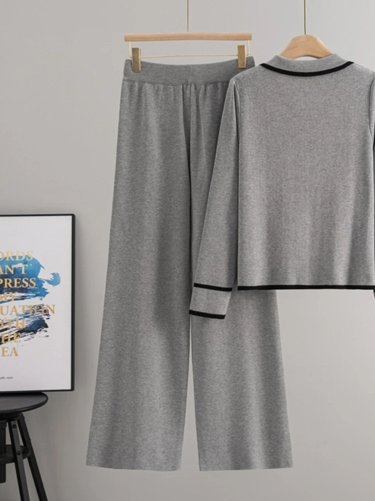 Women Lapel Collar Knitwears Sweater Cardigan Tops High Waist Wide Leg Pants Outfit New Chic Design Knitted 2 Piece Sets