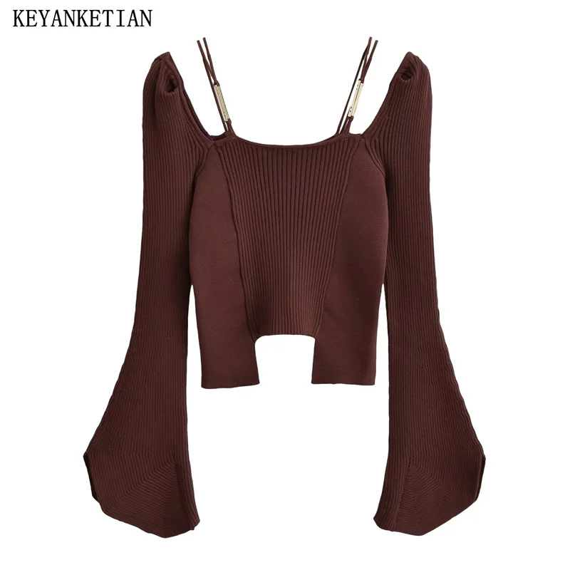 

KEYANKETIAN New Launch Women's Metal Shoulder Strap Decoration Flare sleeve Slim Sweater Hot sweet Stylish Female Knitted Top