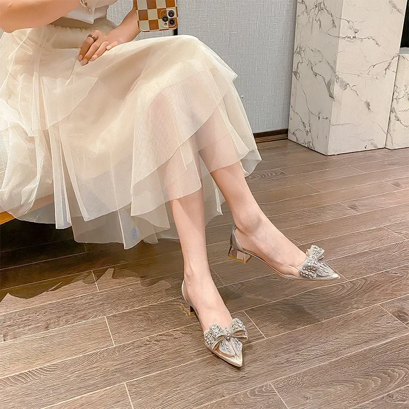 3cm Luxury Shoes Women Low Heels with Rhinestone Bow Pointed Toe Transparent Pumps Ladies Dress Shoes for Women 41 42 43