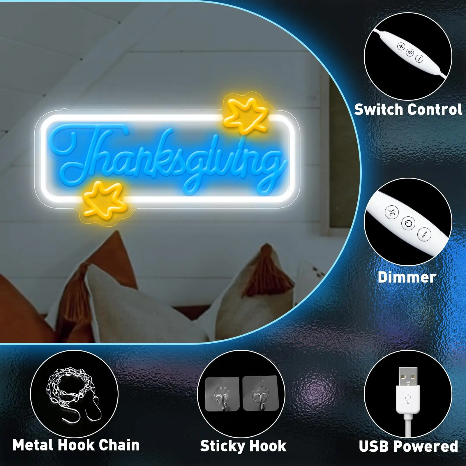 Thanksgiving LED Neon Sign for Wall Decor Happy Festival Celebration USB Dimmable Switch for Autumn Party Harvest Blessed