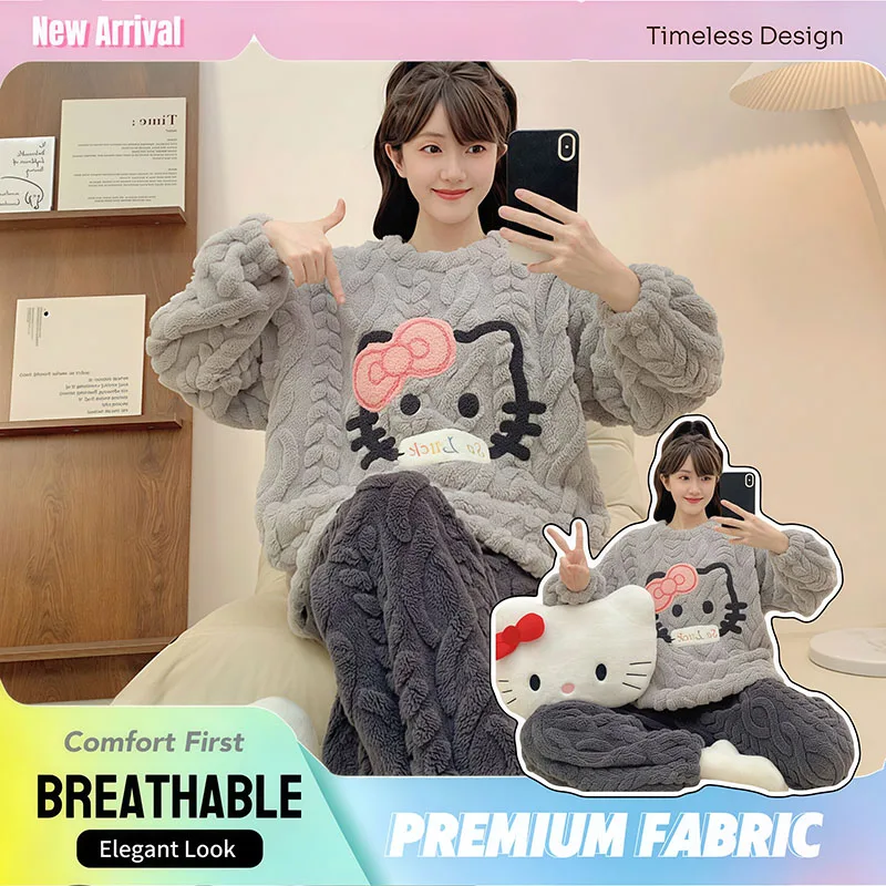 

Sanrio Hello Kitty Women's Plush Pajama Set Winter New Long Sleeve Fleece Lined Thickened Warm Cozy Cute Loose Home Sleepwear