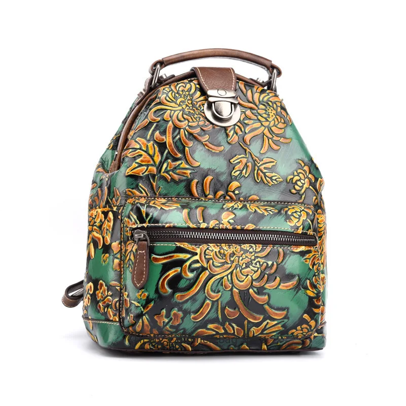 

Women Backpack Knapsack Genuine Leather Embossed Chinese Style Brush Color Travel Bag Retro Lady Female Daypack Rucksack