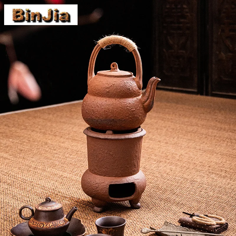 1300ml Coarse Pottery Lifting Handle Boiling Water Kettle Large Capacity Tea Maker Pot Flower Tea Kettle Tableware Accessories