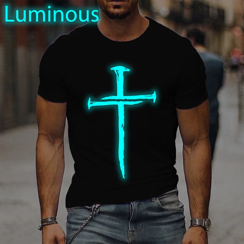 

Luminous Cross Jesus Print Streetwear Men Women Vintage Novel Design T-shirts Short Sleeve Fashion Christianity T Shirts