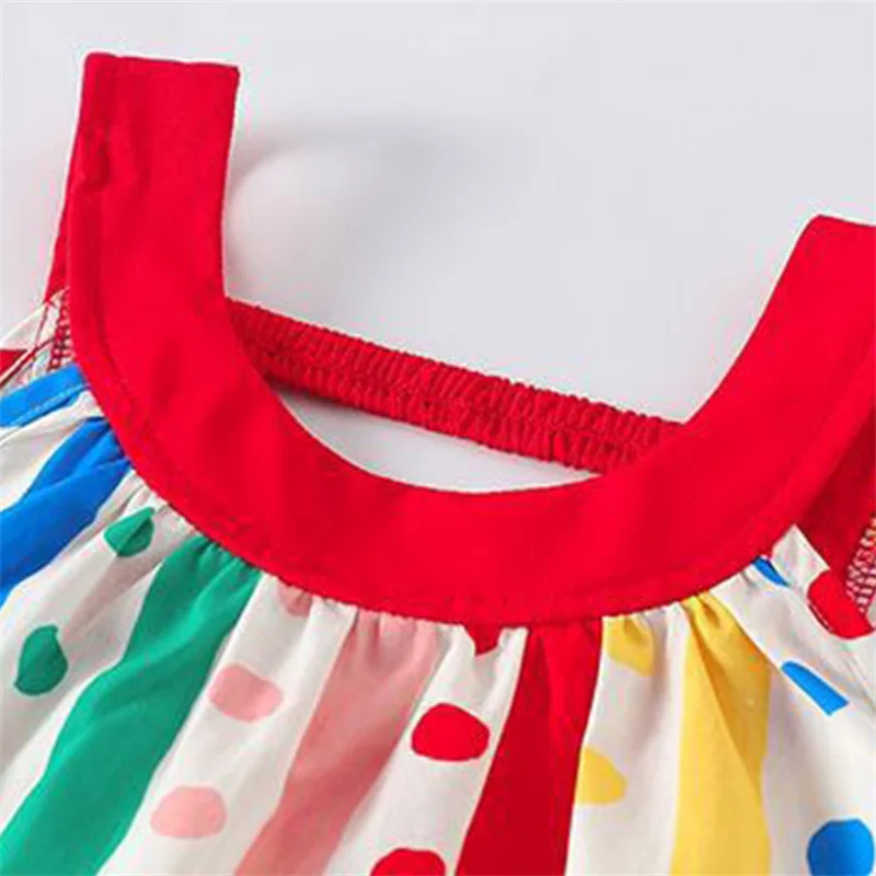 Fashionable Kids Girls Colorful Striped Polka Dot Sundress Sleeveless Summer Dress with Red Collar Children Soft Casual Costume 3