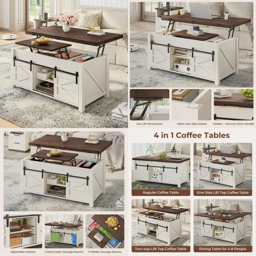 

Farmhouse Style Coffee Table with Sliding Barn Doors, 4-in-1 Adjustable Shelves and Hidden Storage for Living Room