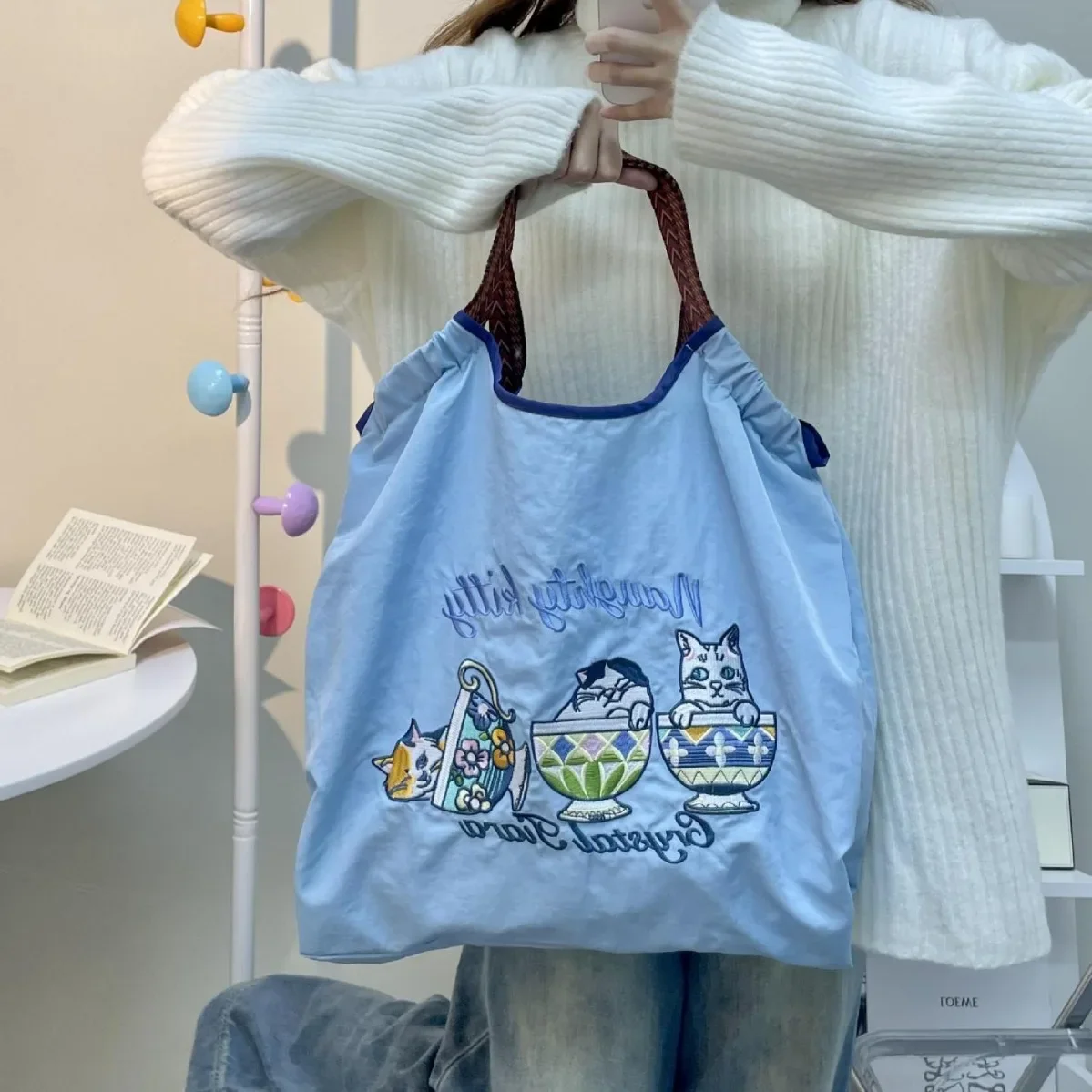 Cute Cat Embroidery Shoulder Bag Carton Dog Eco Tote Bags for Women Handbag Overlarge Shopper Purses Designer Drawstring Bag New