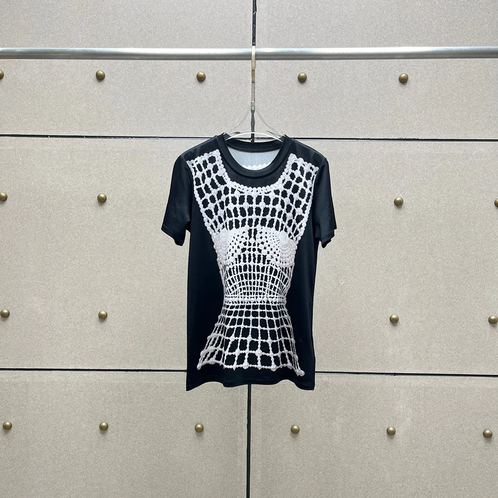 

Женская футболка с жемчужным принтом Y2k, элегантные пригородные футболки с короткими рукавами и круглым вырезом, топ, новинка весны 202, новинка весны