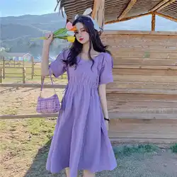 Sweet V-Neck Solid Color Shirring Bandage Bow Midi Dress Female Clothing Summer New Loose Korean Puff Sleeve Casual Dresses