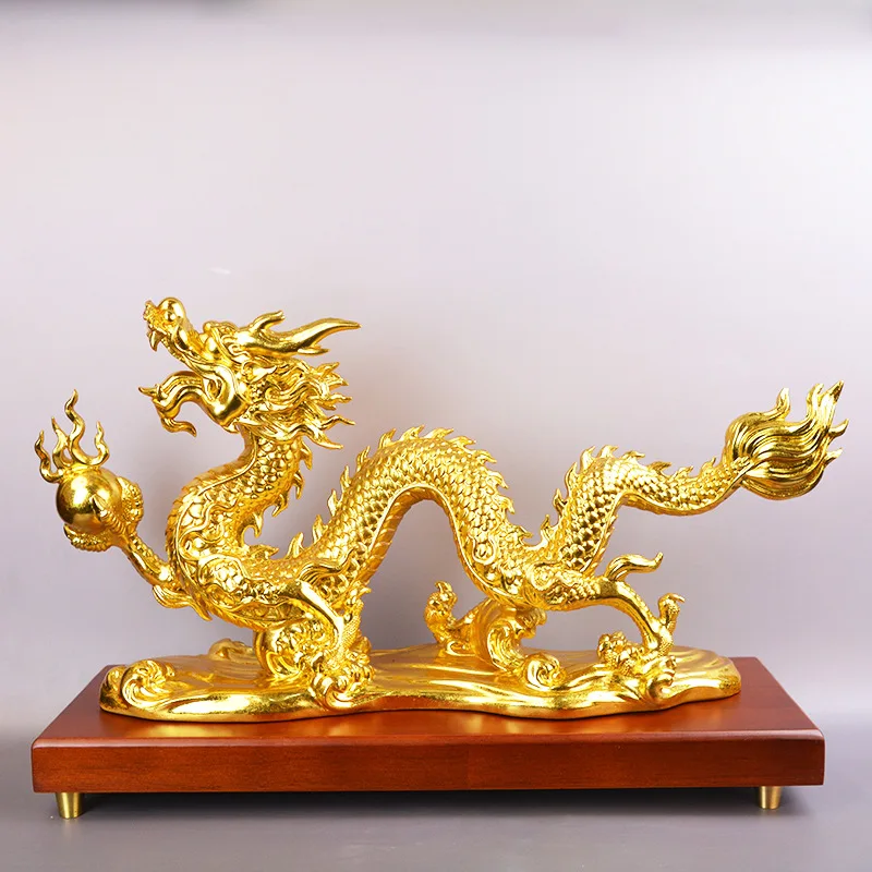 All-brass, gold-plated auspicious dragon figurine, a copper dragon for the entrance hall, symbolizing prosperity and good fortu