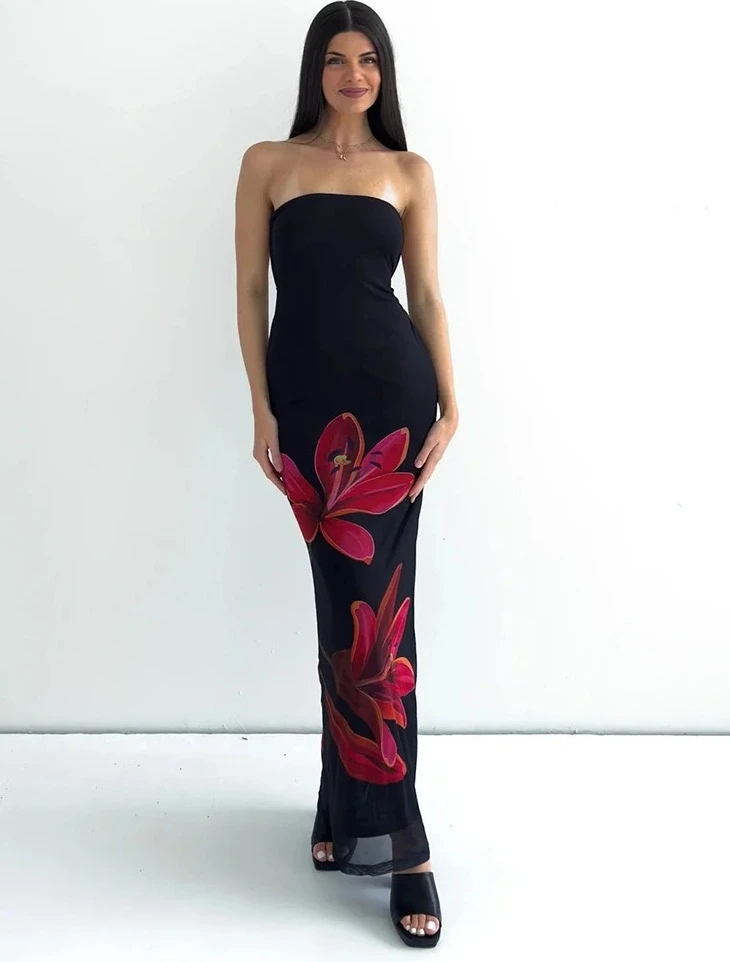 Sleeveless Flower Print Tube Bodycon Midi Dress Backless Lace Up Elegant Sexy Outfit  Autumn Winter