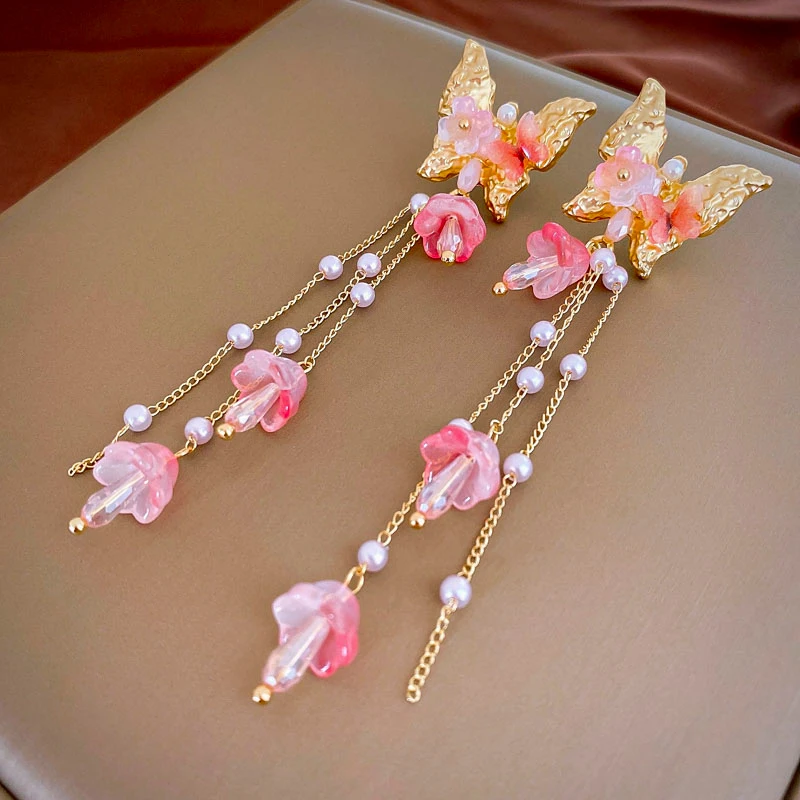 Pink Butterfly Earrings With Long Tassel Sparkly Zircon Crystal Imitation Pearl Beads Earrings Light Luxury Party Ear Jewelry