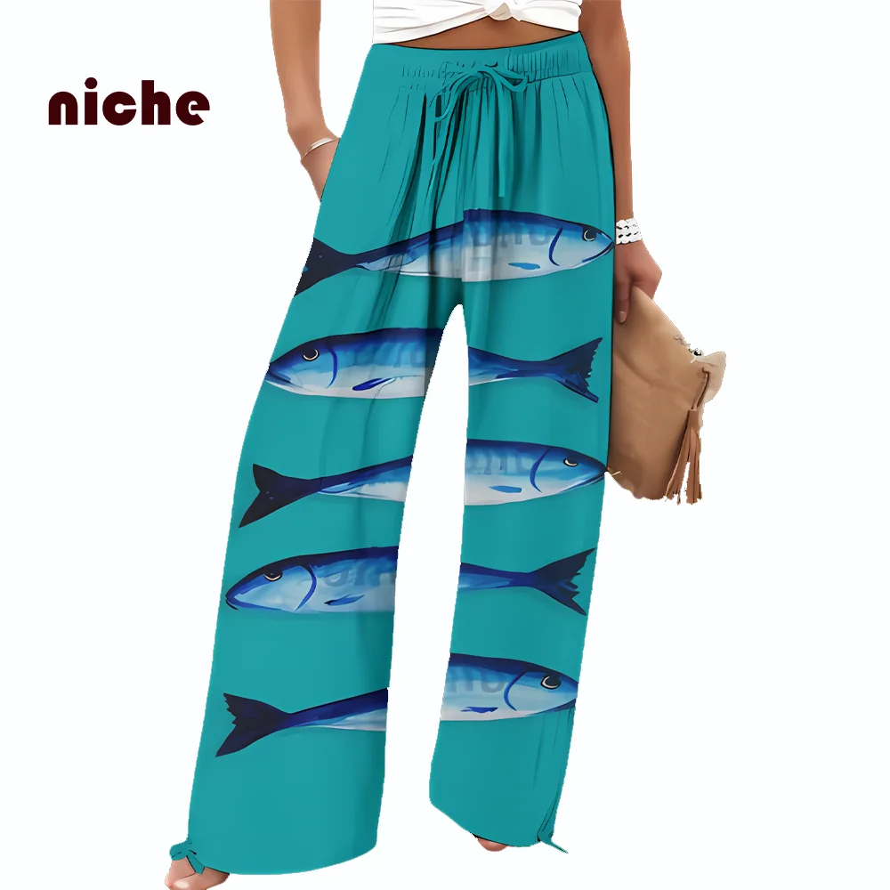 Women's Beach Pants, Monochromatic, Fish Printing, Loose, High Quality, Cotton, Soft, Comfortable, Wide-Leg, Fashion Trend, New