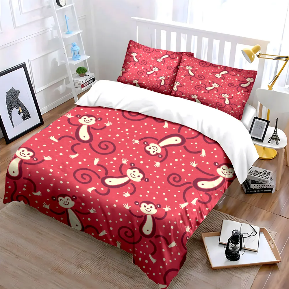 

Cartoon monkeys pink background Bedding Set for Kids Luxury Gift 3pcs Digital Print Comforter Set Soft Comfortable Breathable
