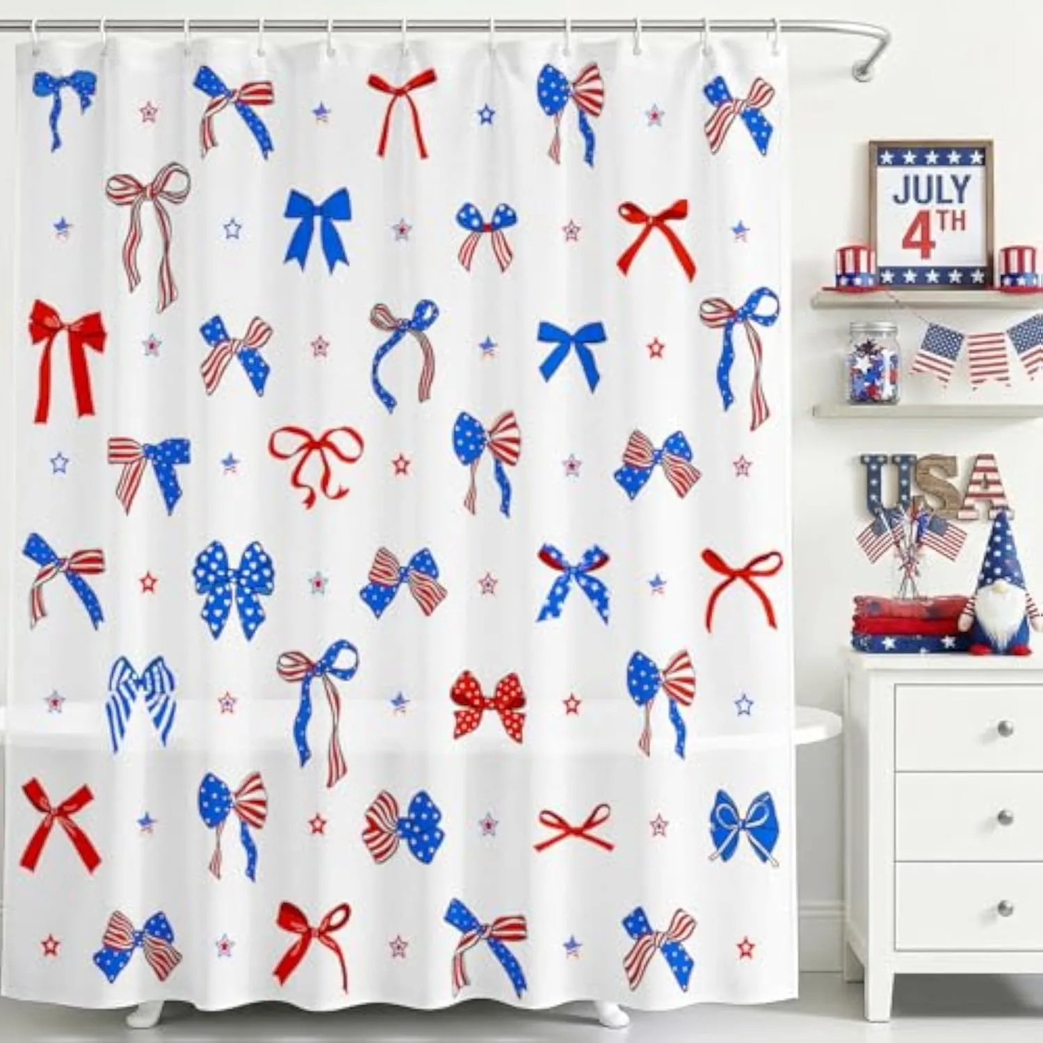 4th of July Bow Shower Curtain Bowknot Stars Independence Day American Patriotic Red Blue Shower Curtain Bathroom