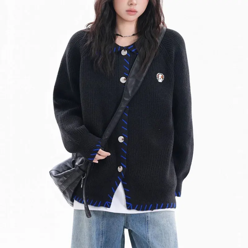 Women's Clothing American Retro Lapel Cardigan Knitted Autumn Winter Patch Designs Fashion Loose Bright Line Decoration Sweaters