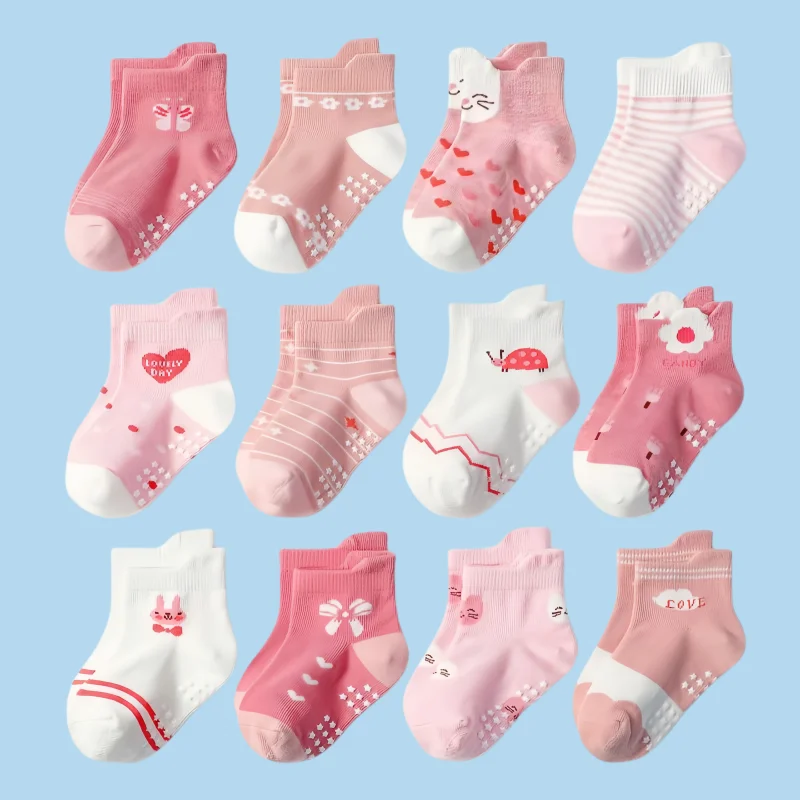 12 pares de calcetines antideslizantes para niños pequeños con agarre para niños, niñas, bebés, niños, calcetines antideslizantes de algodón de 1 a 7 años