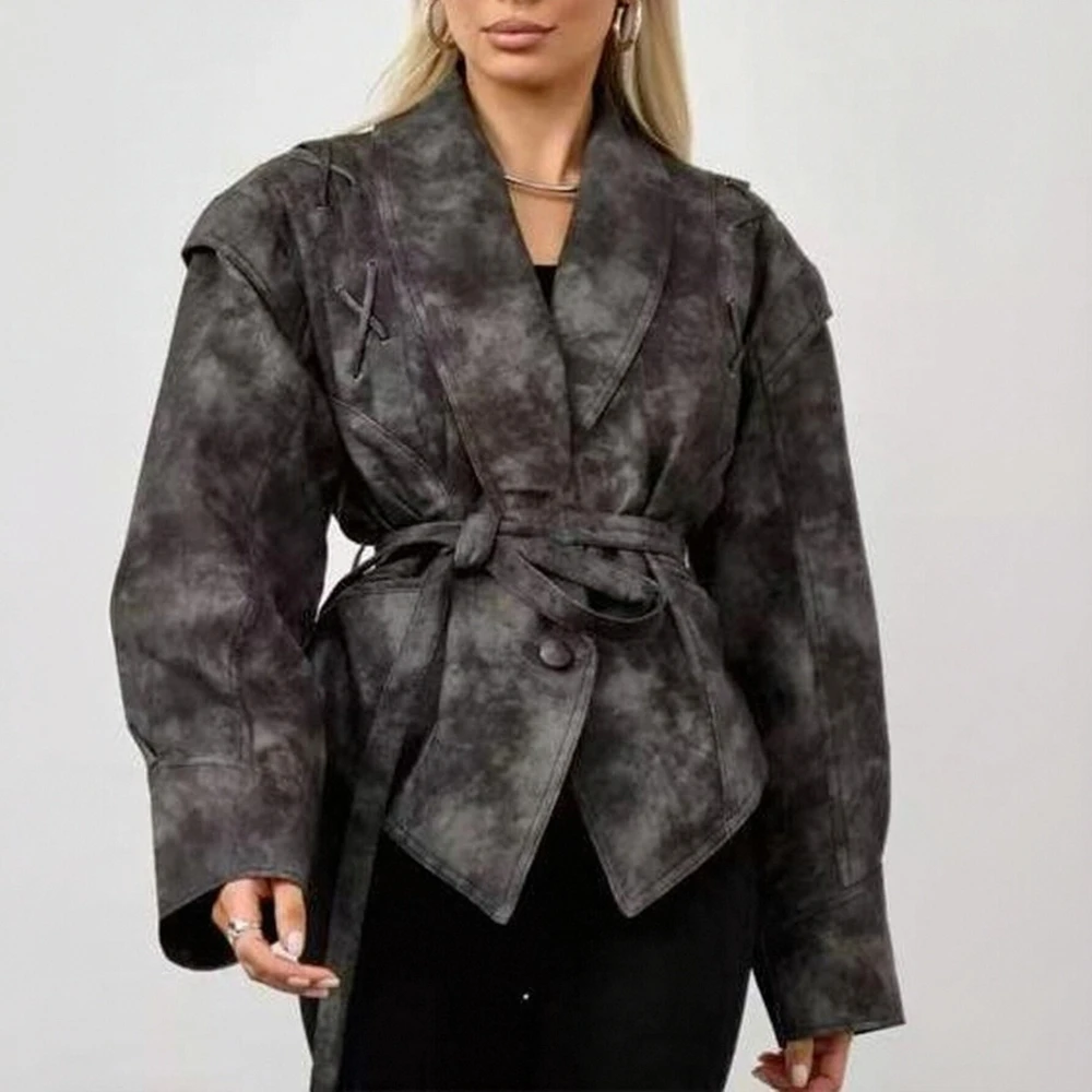 الموضة مزاجه التلبيب الدانتيل متابعة طويلة الأكمام سترة جلدية الخريف/الشتاء المرأة التنقل نمط ملابس خارجية