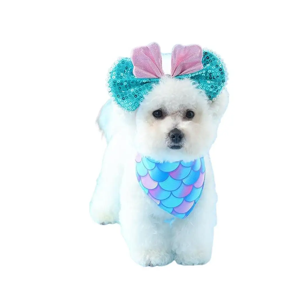 Dog Sequin Bowknot Headband Pet Hair Hoop Summer Breathable Dog Bandanas Pet Scarf Soft Triangle Bibs Pets Costume Decoration