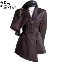 Chaqueta de cuero PU para mujer, abrigo elegante con doble botonadura y cinturón, de lujo, A la moda, para primavera y otoño, 2882