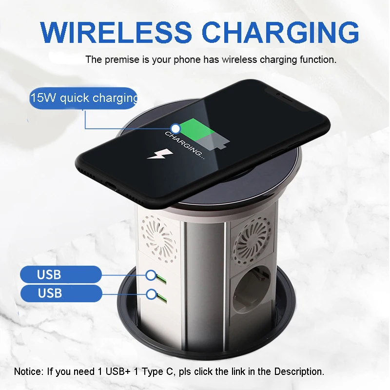 Electric Lifting Sockets Hidden Tabletop Motorized Pop Up Retractable Outlet With USB Wireless Charging TUYA EU/US/BR Standard