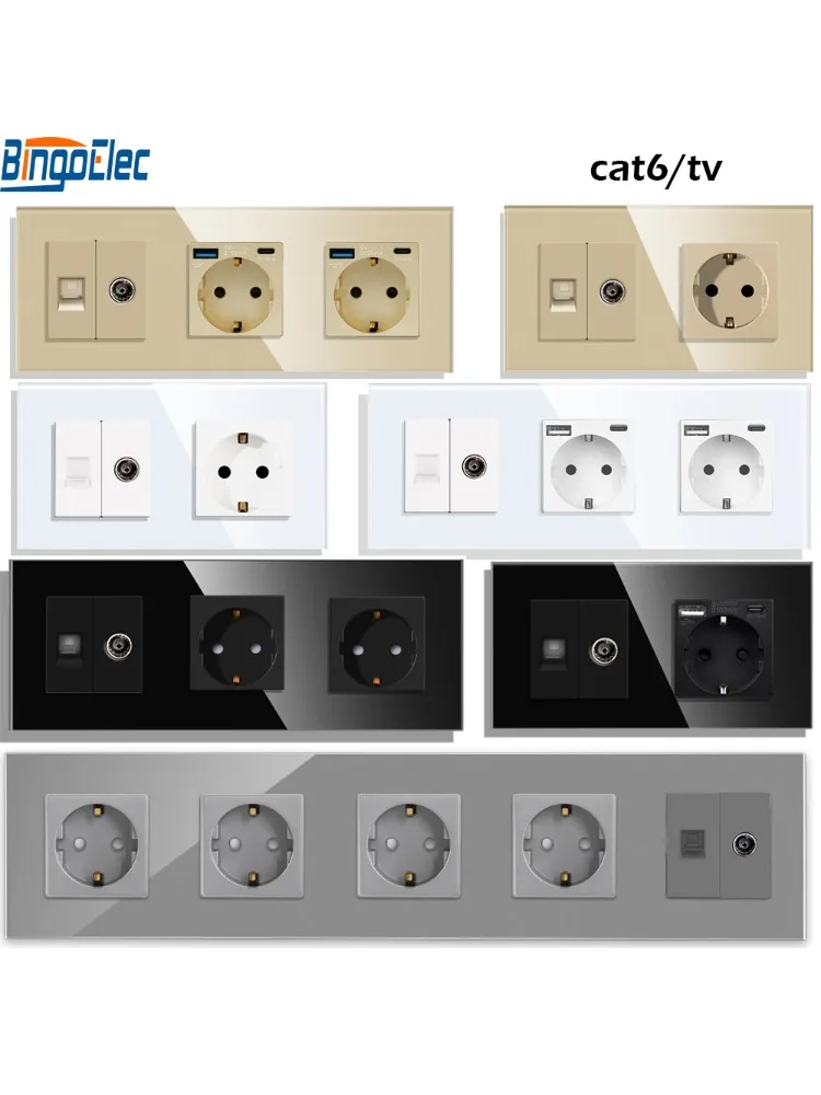 Bingoelec Standardowe gniazdo ścienne UE z gniazdem USB typu c do telewizora Dane internetowe RJ45 CAT6 Czarny panel ze szkła kryształowego Ulepszenie domu — zdjęcie 2