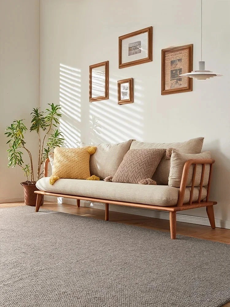 

small apartment living room modern simple sofa Nordic medieval all-solid wood fabric sofa chair