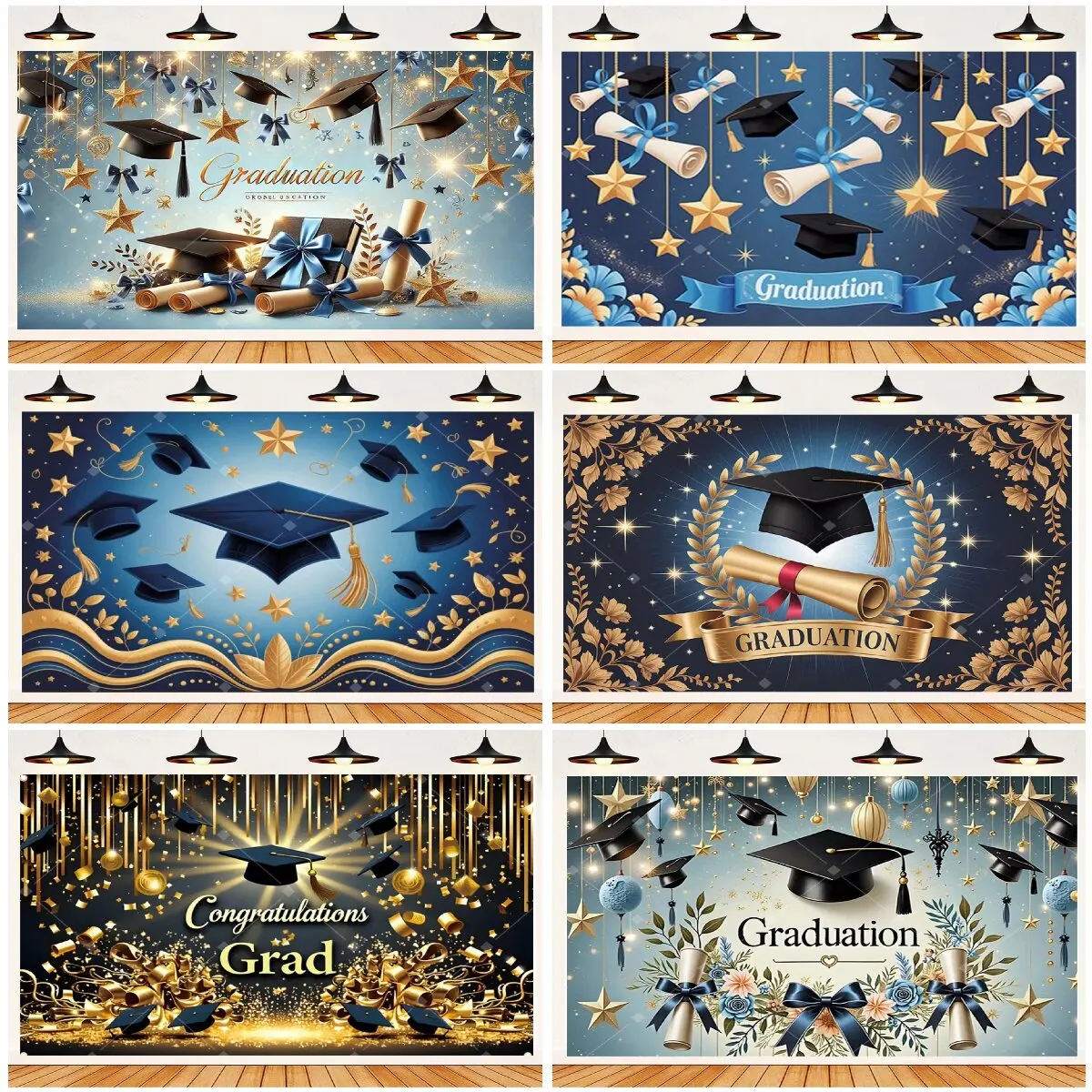 

Blue Gold Graduation Backdrop 2026 Congrats Grad Photo Banner with Stars Mortarboard Ideal For Graduation Party Photo Booth